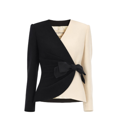 Color Block Bow Wool Chiffon Coat