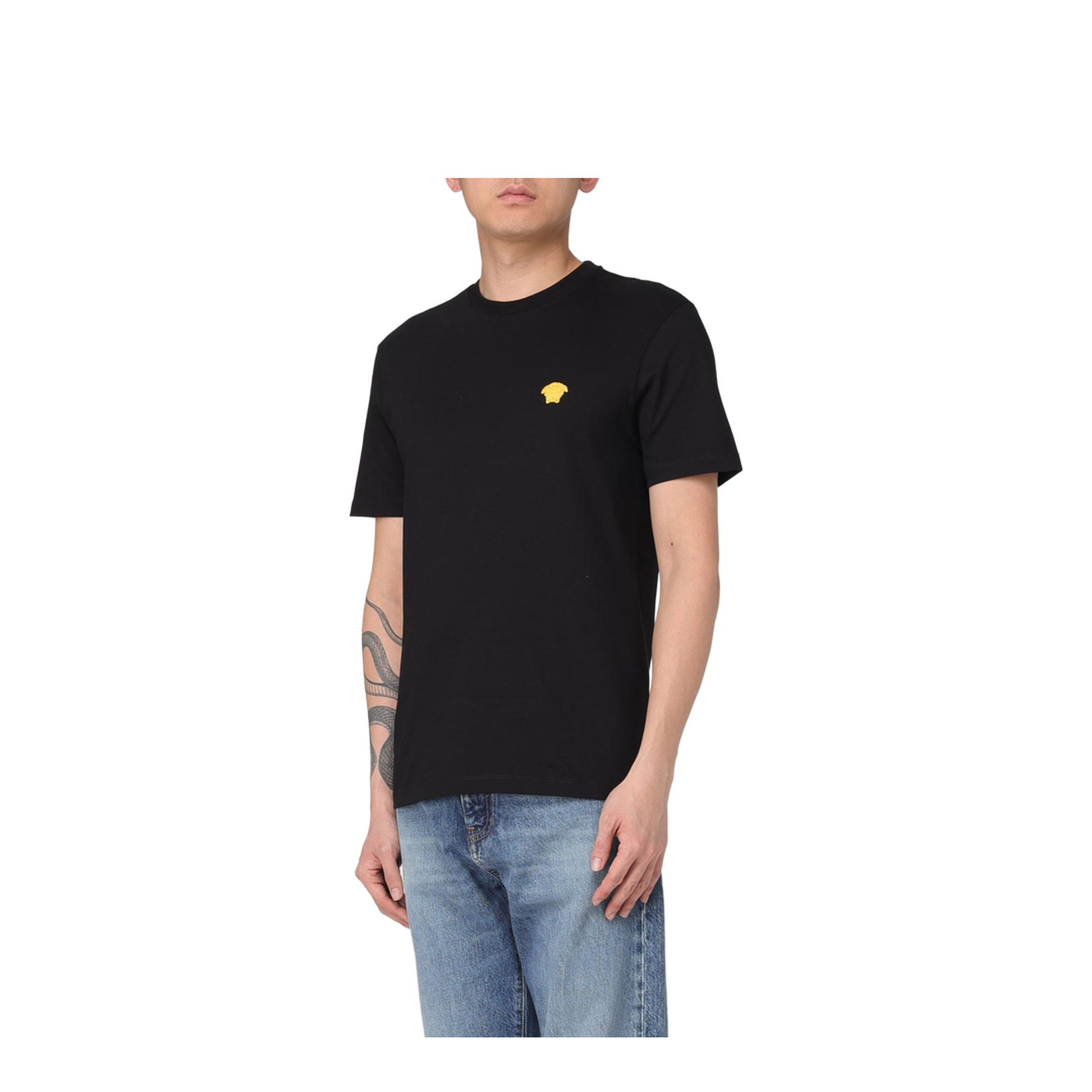 Black Crewneck T-Shirt with Medusa Embroidery