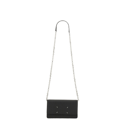 Four Stitches Medium Grainy Calf Leather Chain Wallet - Black