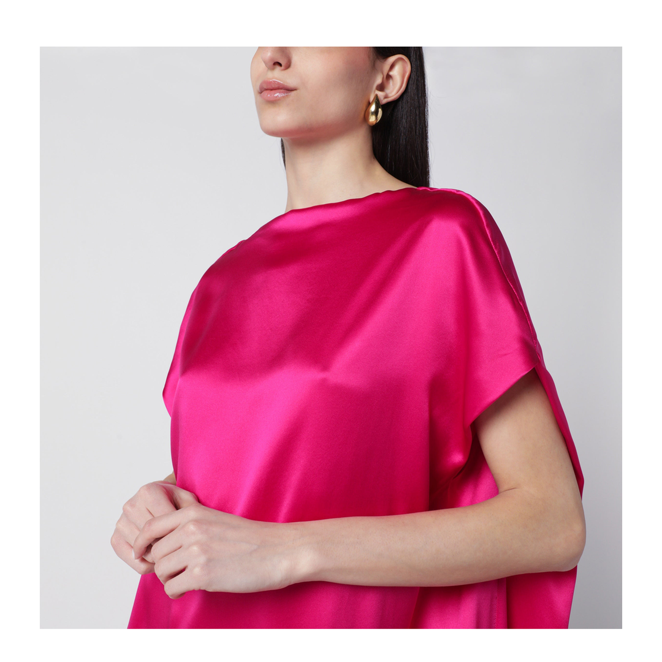 Fuchsia Silk Satin Midi Dress