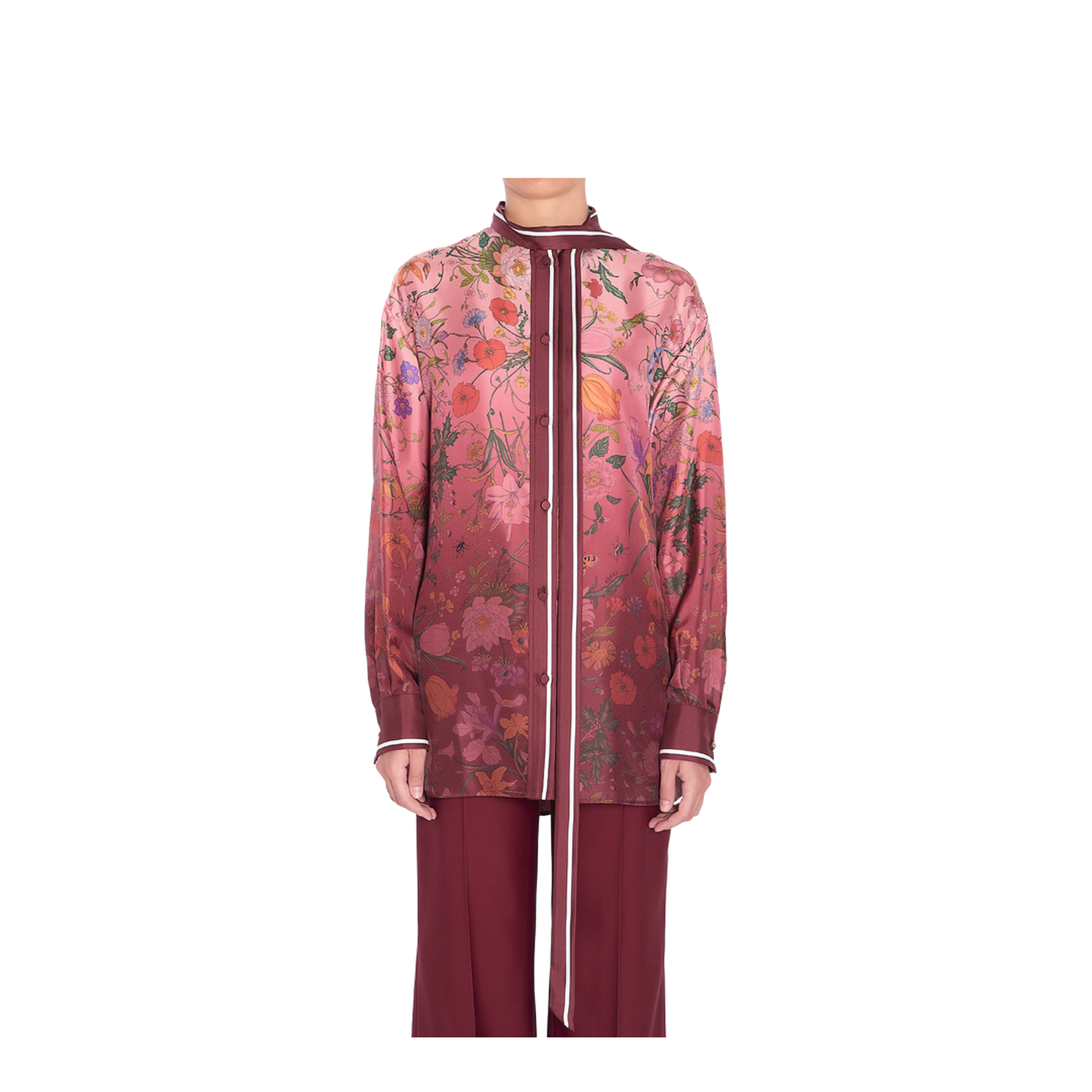 Printed Silk Shirt with Neck Bow in Pink and Rosso Ancora Red