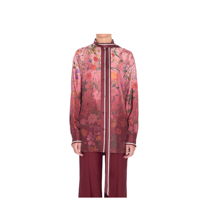 Printed Silk Shirt with Neck Bow in Pink and Rosso Ancora Red