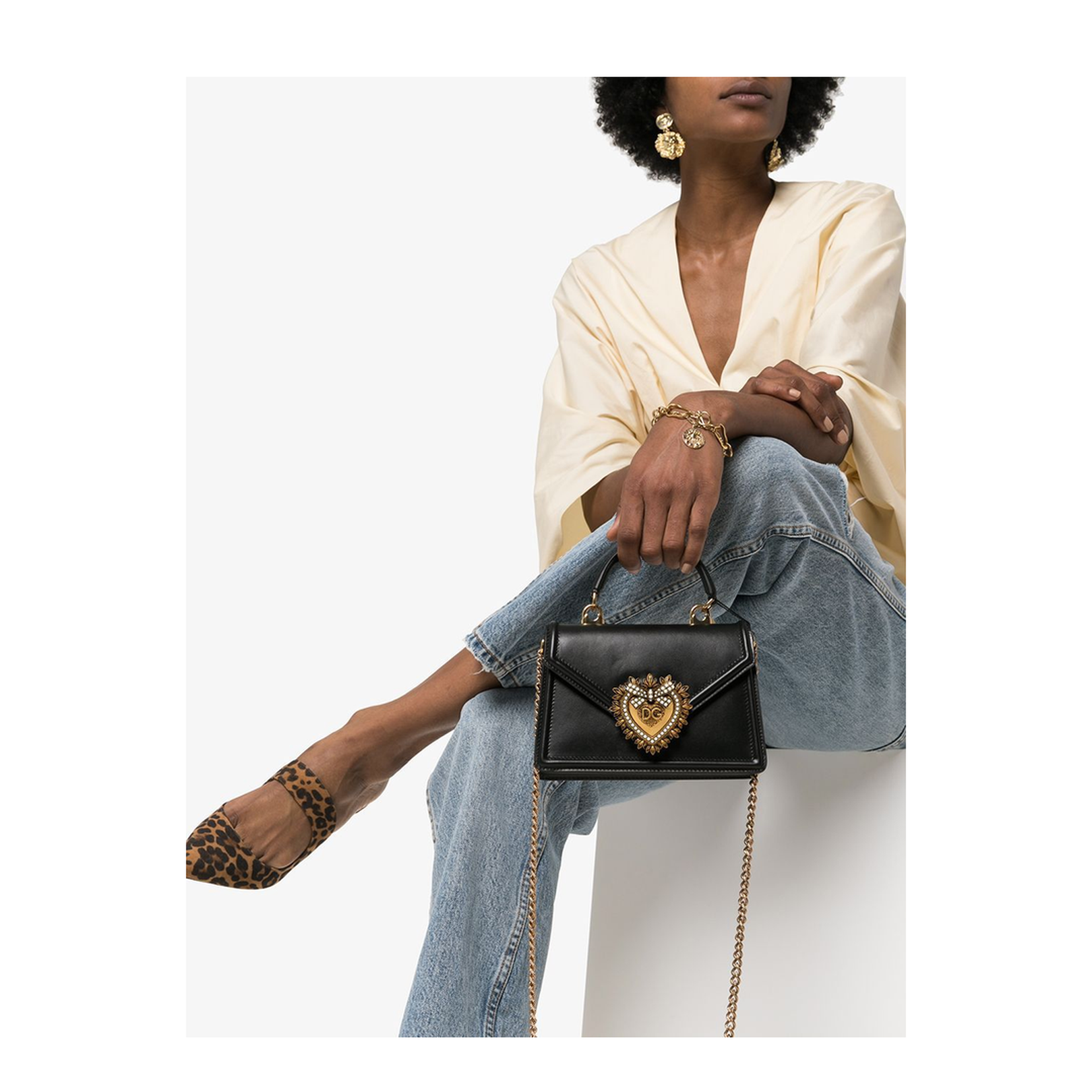 Black Calfskin Shoulder Bag with Rhinestone Details and Gold Chain