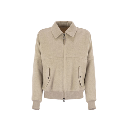 Double Cashmere And Wool Cloth Bomber Jacket With Shiny Zipper Pull In Neutral
