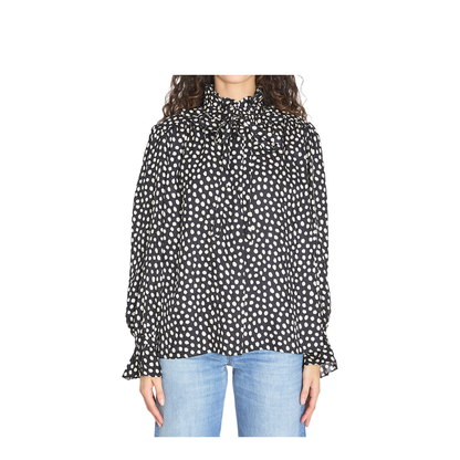 Black Blouse with High Neck and All-Over Polka Dot Motif