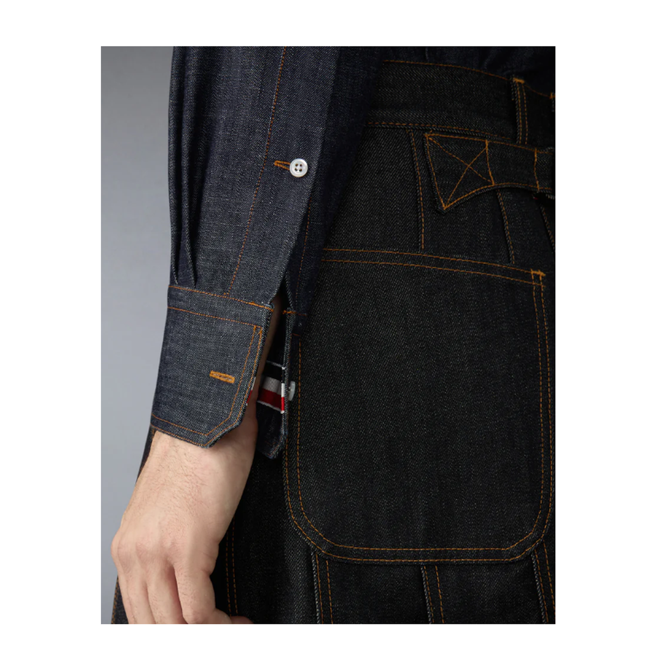 MAYFEYR - Thom Browne - L/S Bd Straight Fit Shirt With Rwb Inner Cuff Detail And Self Armband In Shirting Denim - MWL435SF1105415