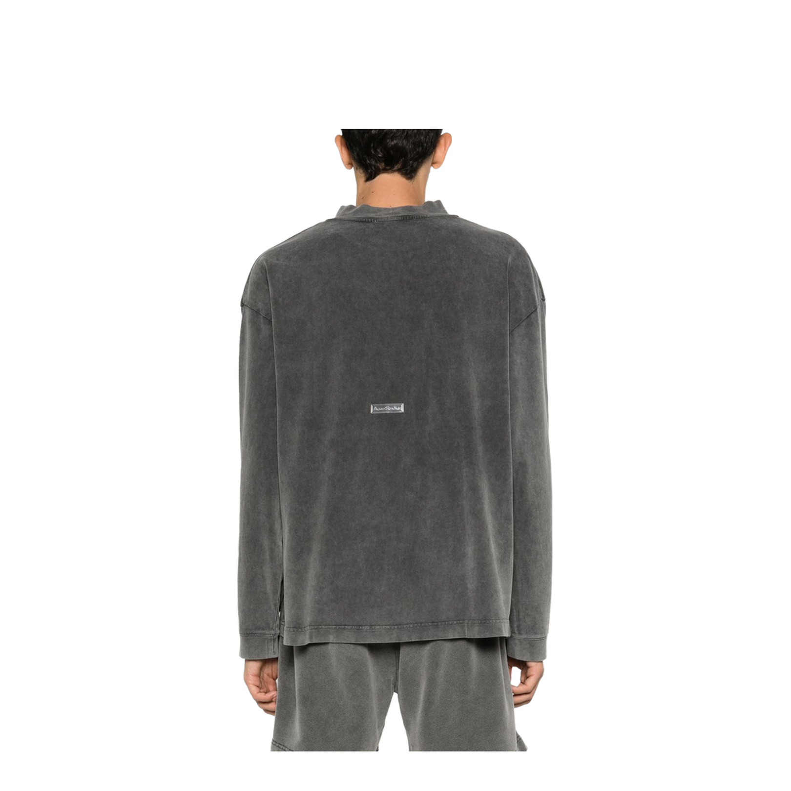 Black Cotton Faded Effect Logo Patch Crew Neck Long Sleeve Top