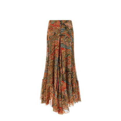 Silk Maxi Skirt with Flounce and Paisley Motif