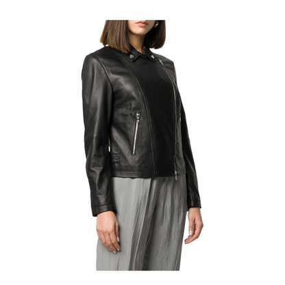 Black Leather Zipped Biker Jacket