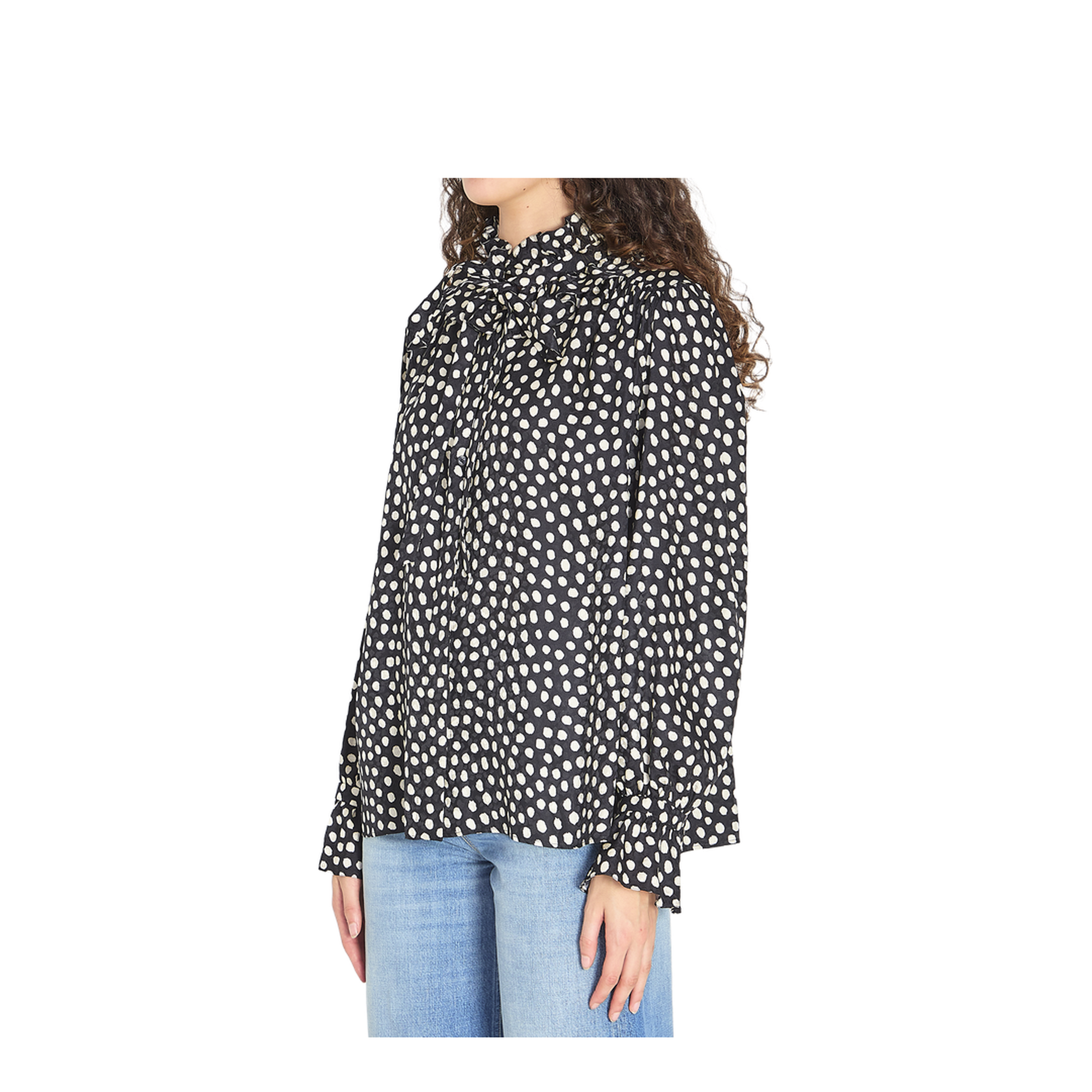 Black Blouse with High Neck and All-Over Polka Dot Motif
