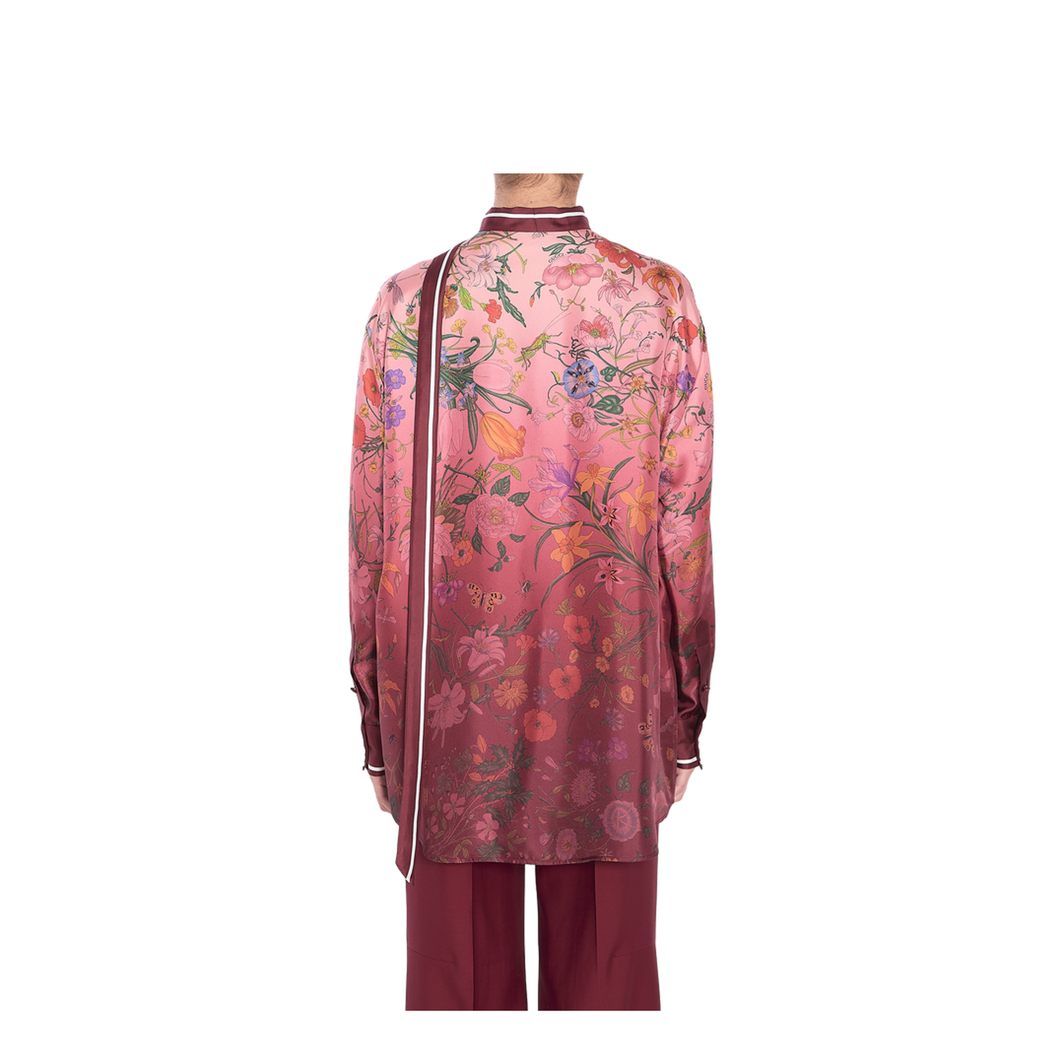 Printed Silk Shirt with Neck Bow in Pink and Rosso Ancora Red