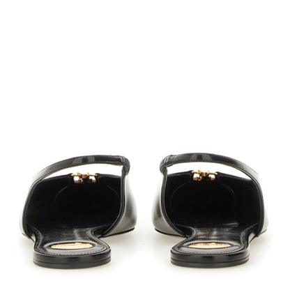 Black Leather Pointed Toe Slingback Strap Flat Sole