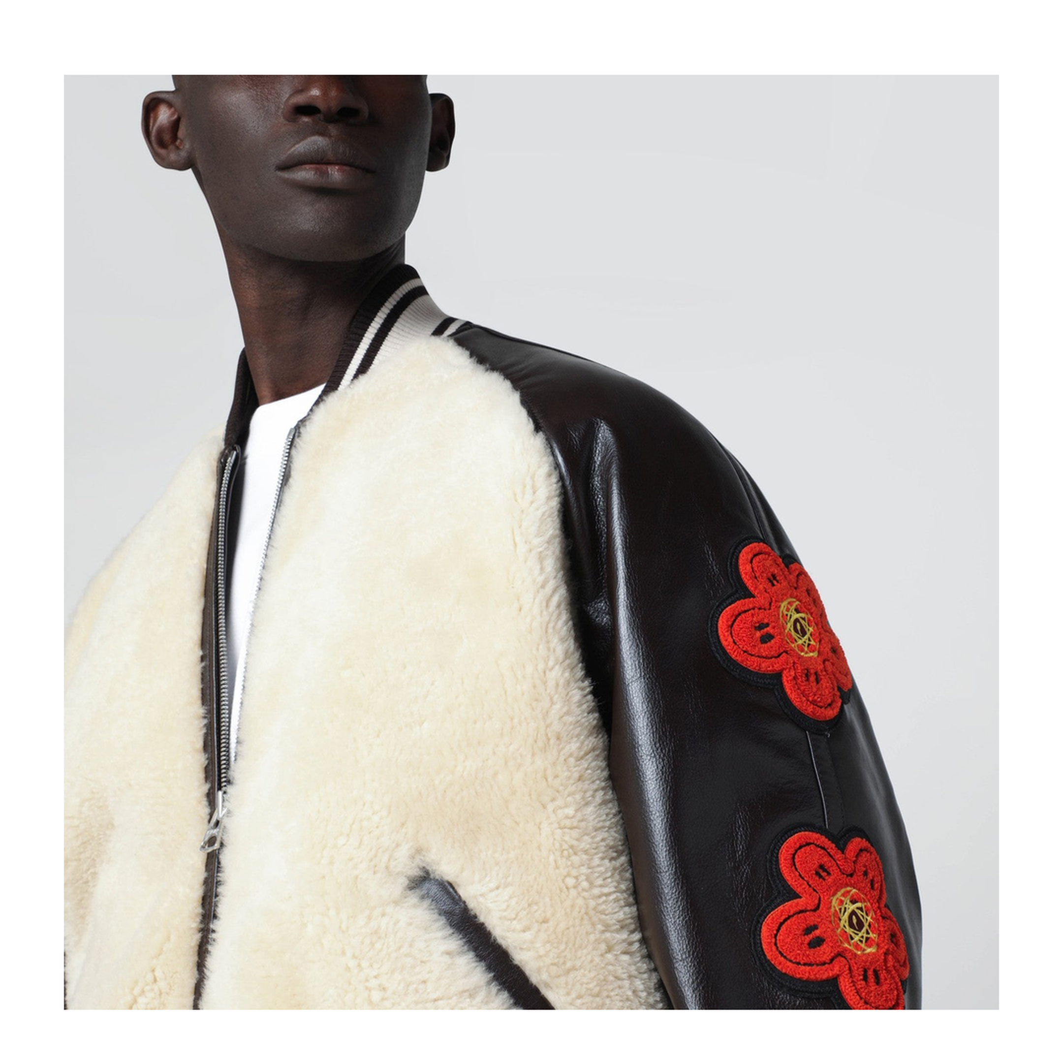 Beige Shearling-Effect and Brown Leather Bomber Jacket