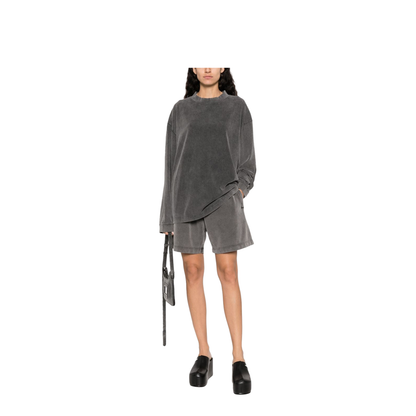 Black Cotton Faded Effect Logo Patch Crew Neck Long Sleeve Top