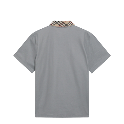 Grey Cotton Polo with Check Collar