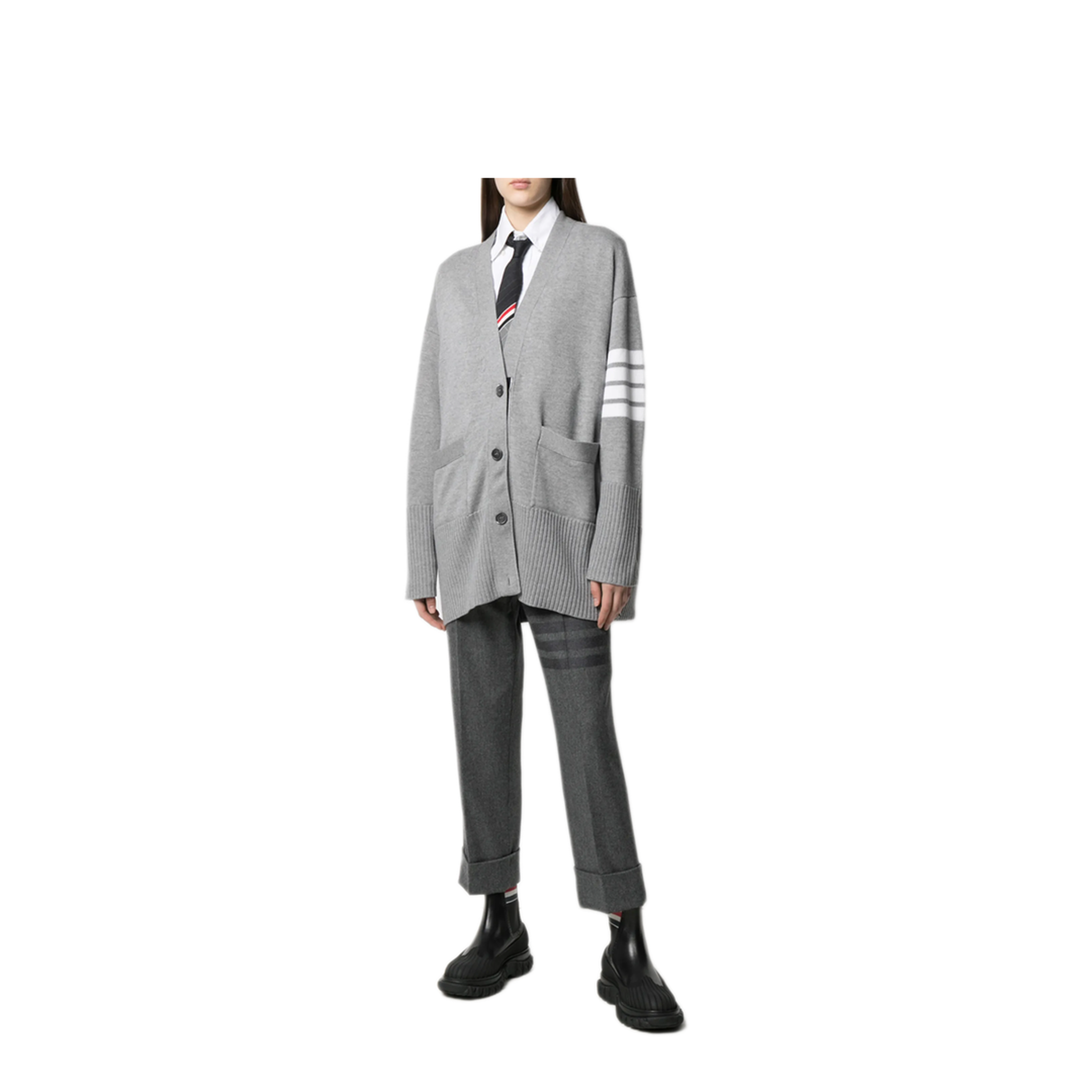 MAYFEYR - Thom Browne - Exaggerated Fit V Neck Cardigan With 4 Bar Stripe In Fine Merino Wool - FKC402AY1002055