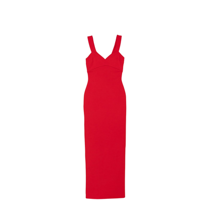 Red Sleeveless Design V-Neckline Fitted Bodice Maxi Length Straight Skirt