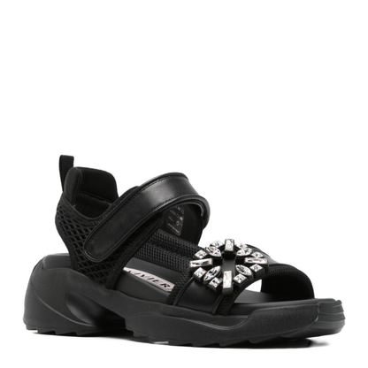 On The Run Black Leather And Textile Sandals