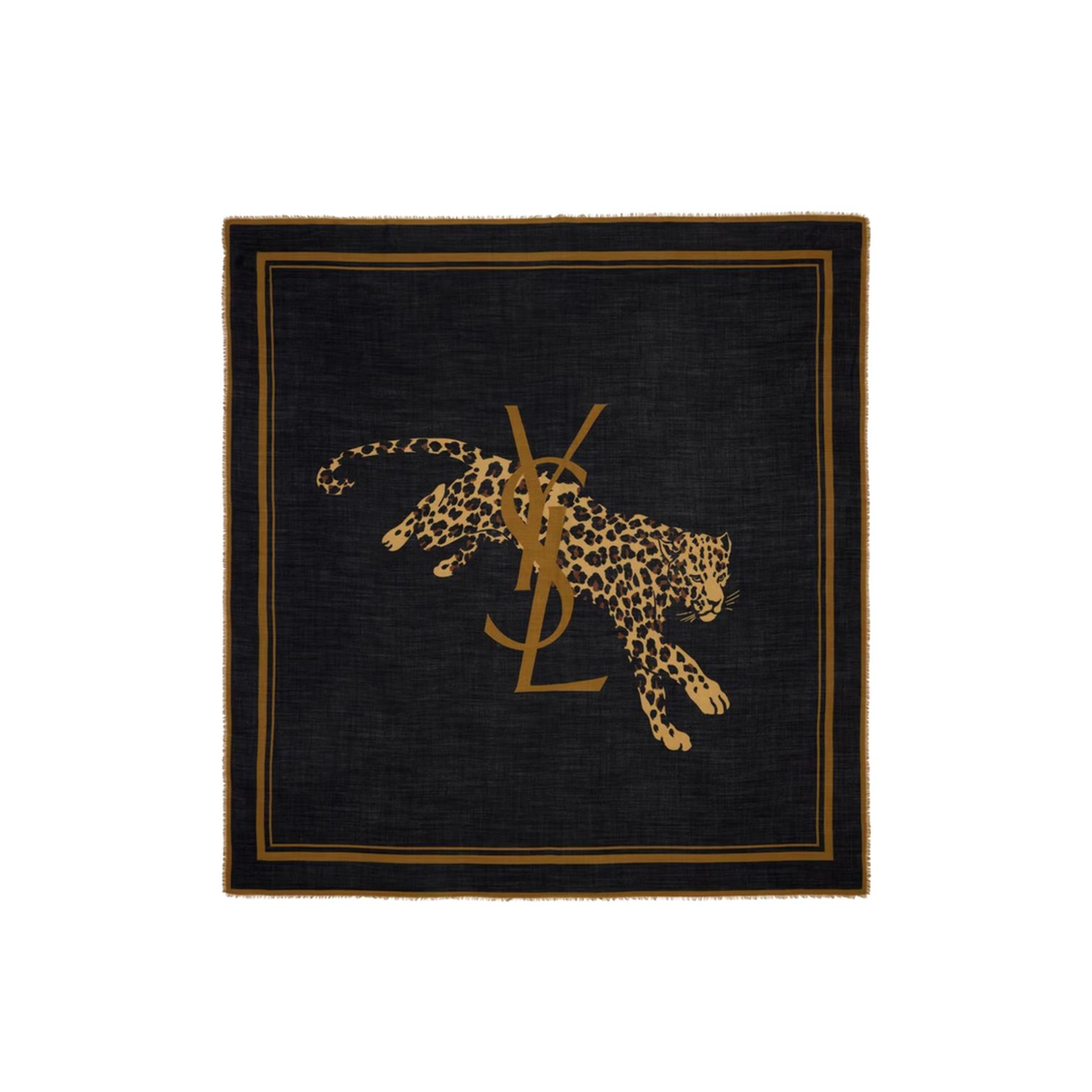 Black Leopard Print Fringed Edges Wool Scarf