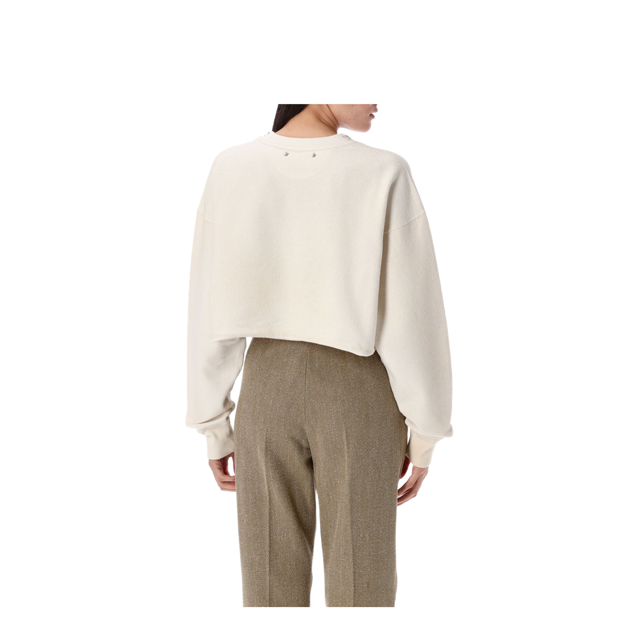 Cream Cotton Cropped Sweatshirt with Crystals