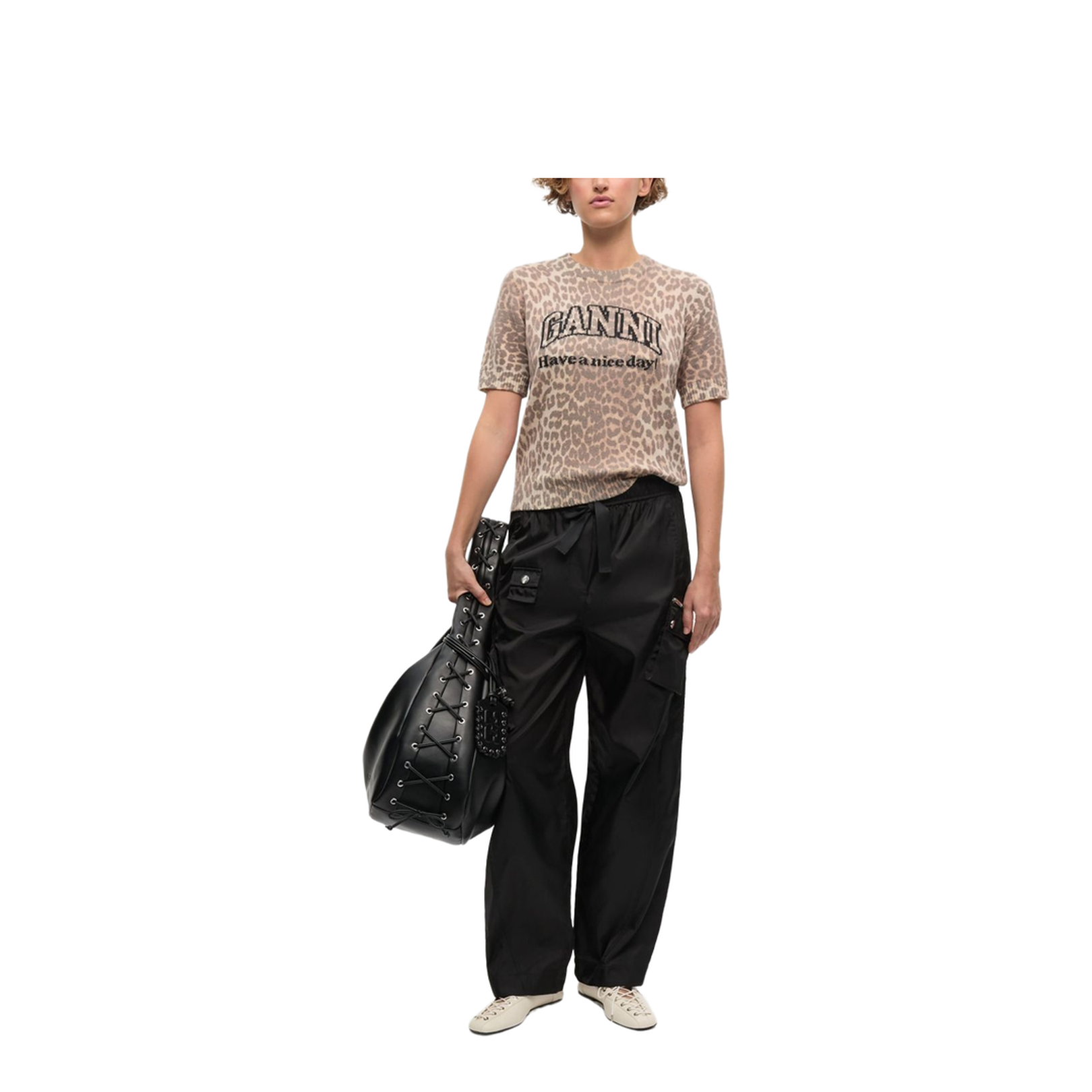 Beige Crew Neck Short Sleeves Leopard Print Ribbed Trim