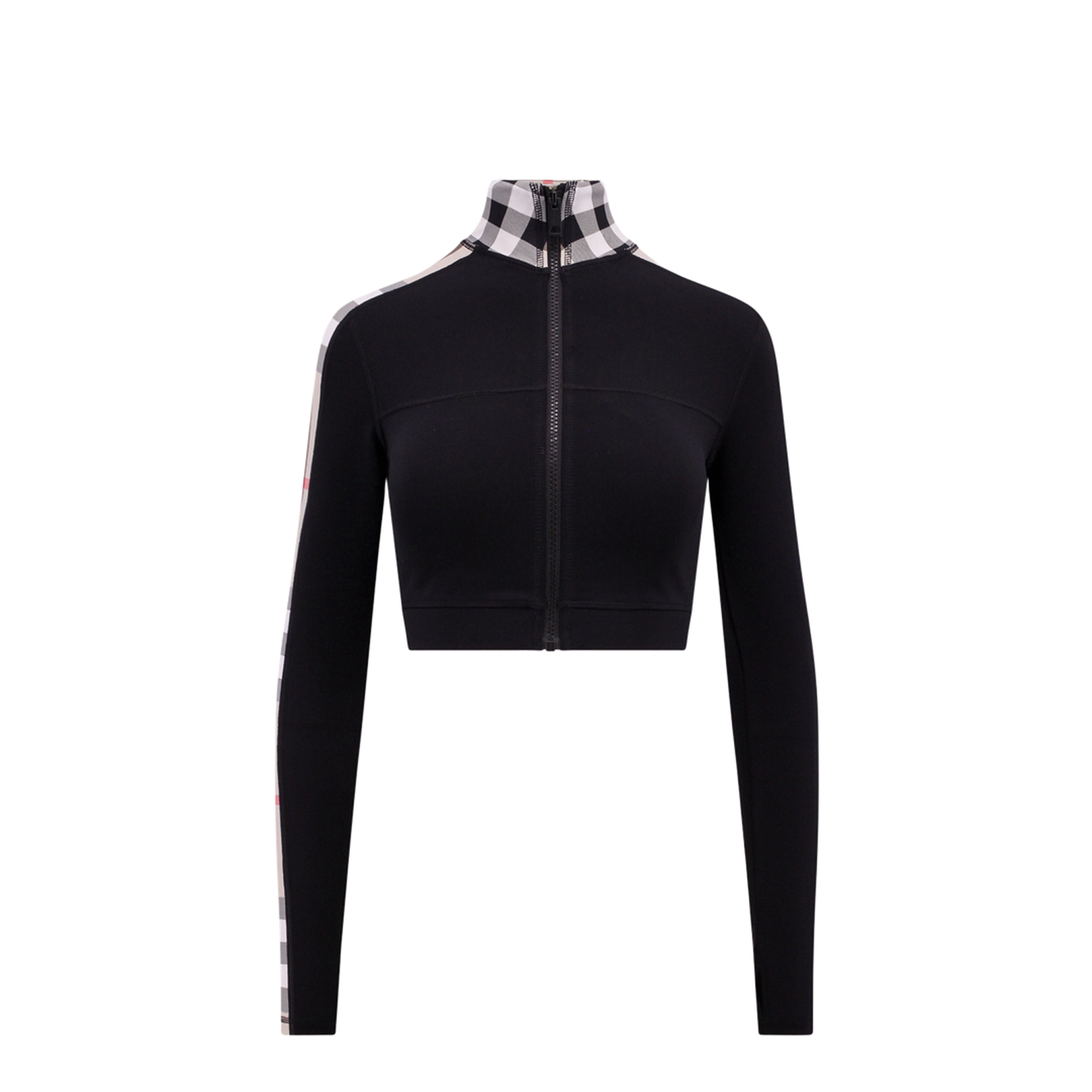Cropped Check Trim Stretch Jersey Zip Top in Black