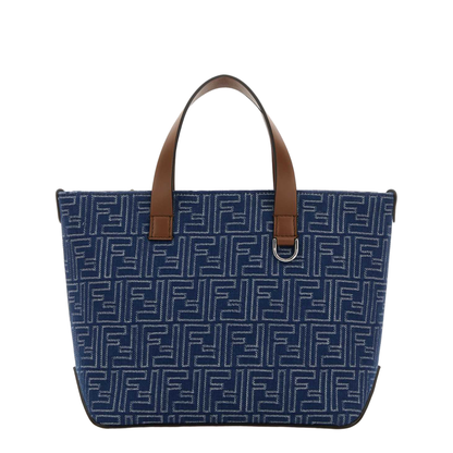 FF Leather Denim Effect FF Jacquard Blue And Brown Small Shopping Bag