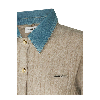 MAYFEYR - MIUMIU - Denim-Collar Cable-Knit Cashmere Cardigan - MMF04CSOOO6342
