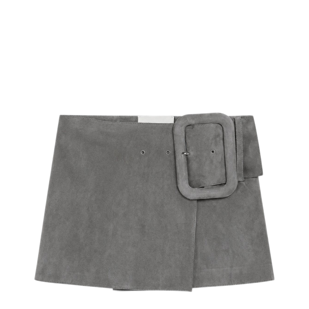 Grey Suede Mini Skirt with Large Buckle Belt