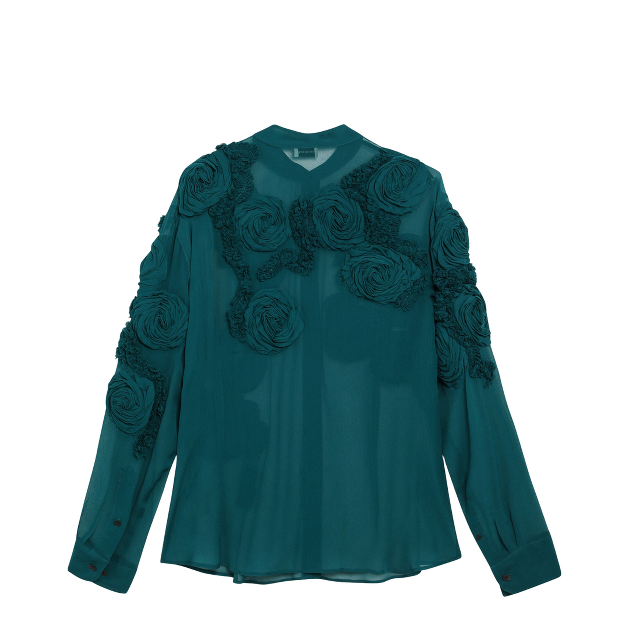 MAYFEYR - Dries Van Noten - Petrol Green Shirt With Raised Rose Details - 107623376508