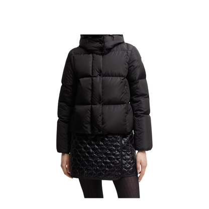 Black Castelnou Square-Quilted Hooded Short Down Jacket