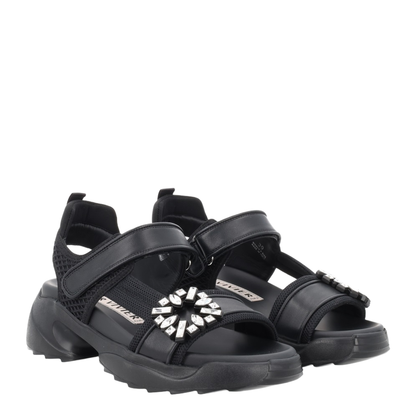 On The Run Black Leather And Textile Sandals