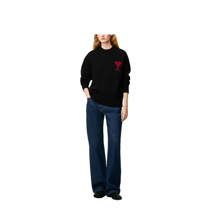 Black Wool De Coeur Crewneck Sweater