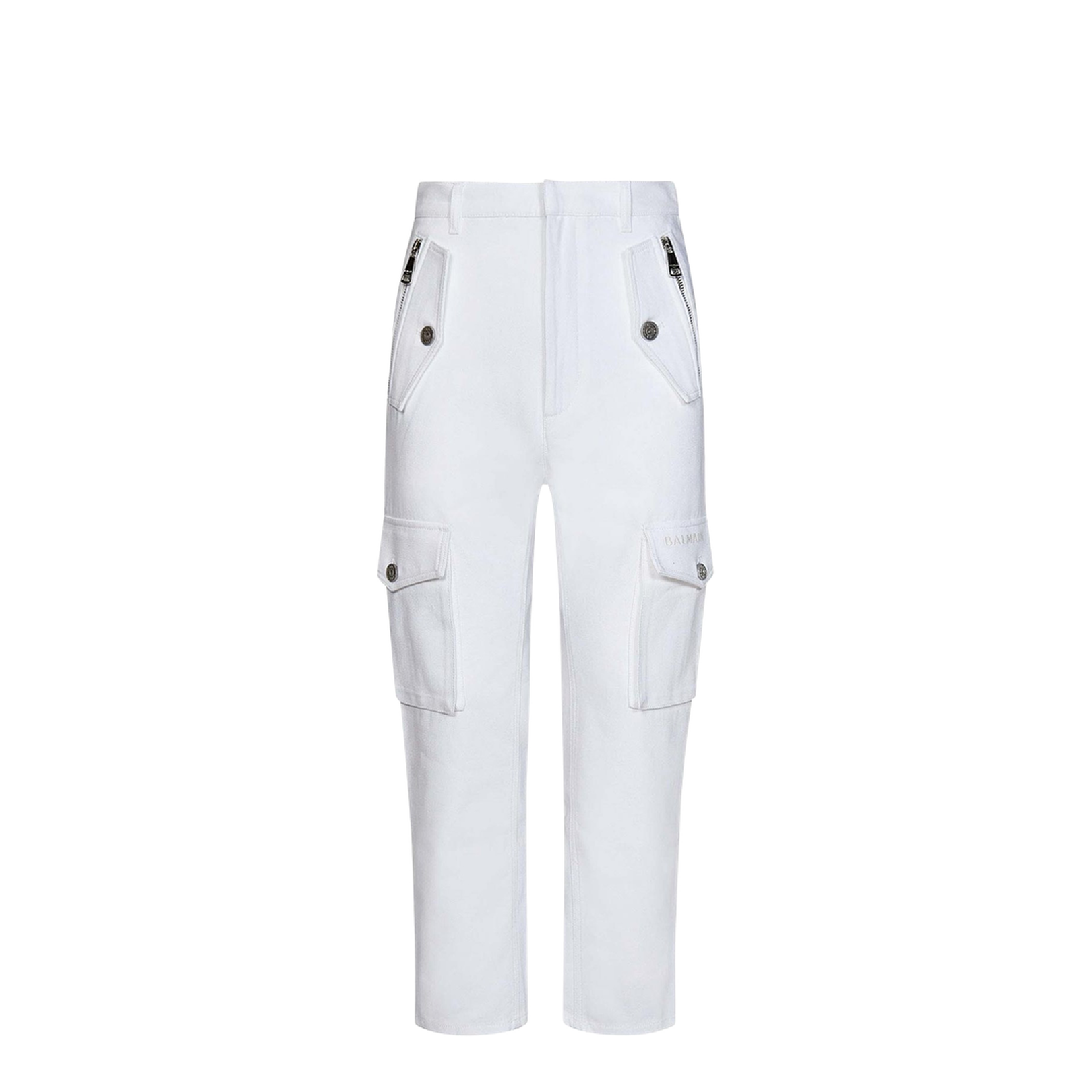 White Cargo Pants with Silver Logo Plate
