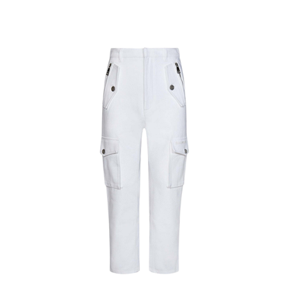 White Cargo Pants with Silver Logo Plate