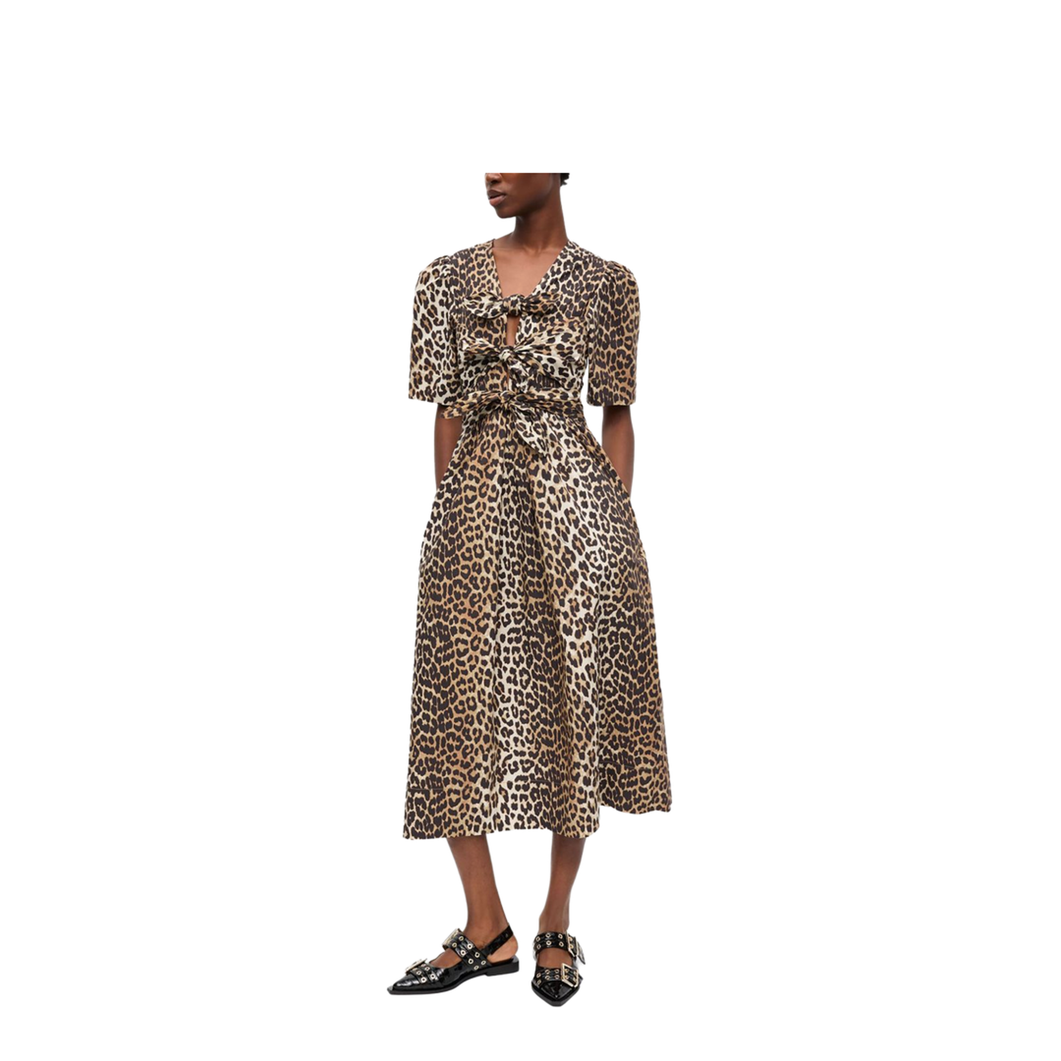 Leopard Print Tie Strap Midi Dress In Brown