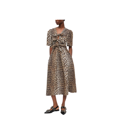Leopard Print Tie Strap Midi Dress In Brown