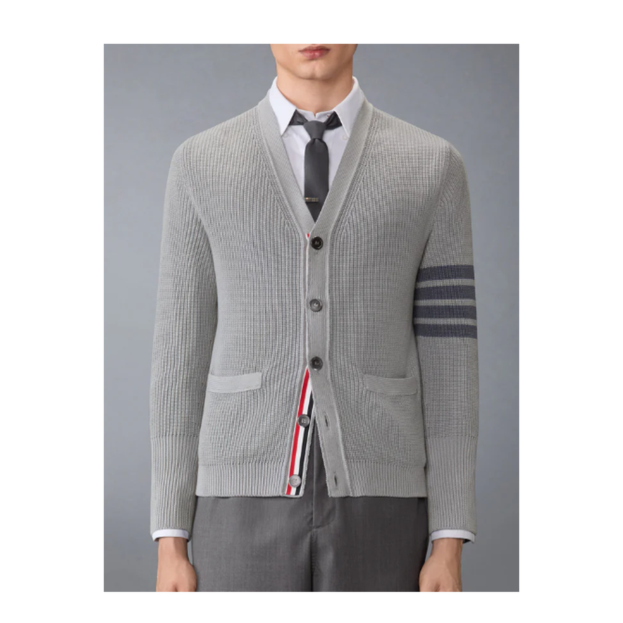MAYFEYR - Thom Browne - Garment Dye Cardigan Stitch V Neck Cardigan In Cotton W/ Tonal 4 Bar Stripe - MKC635AY3065055