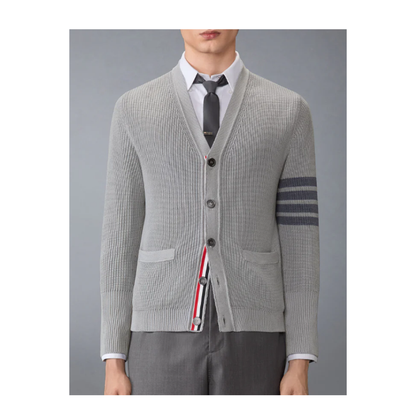 MAYFEYR - Thom Browne - Garment Dye Cardigan Stitch V Neck Cardigan In Cotton W/ Tonal 4 Bar Stripe - MKC635AY3065055