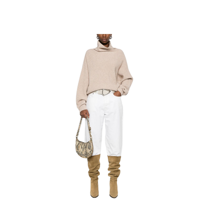 Ecru Drop Shoulder Roll Neck Long Sleeves Ribbed Cuffs and Hem