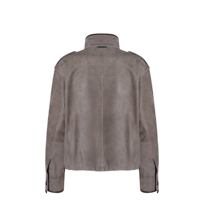 Faded Green Jacket With High Neck And Front Patch Pockets In Suede