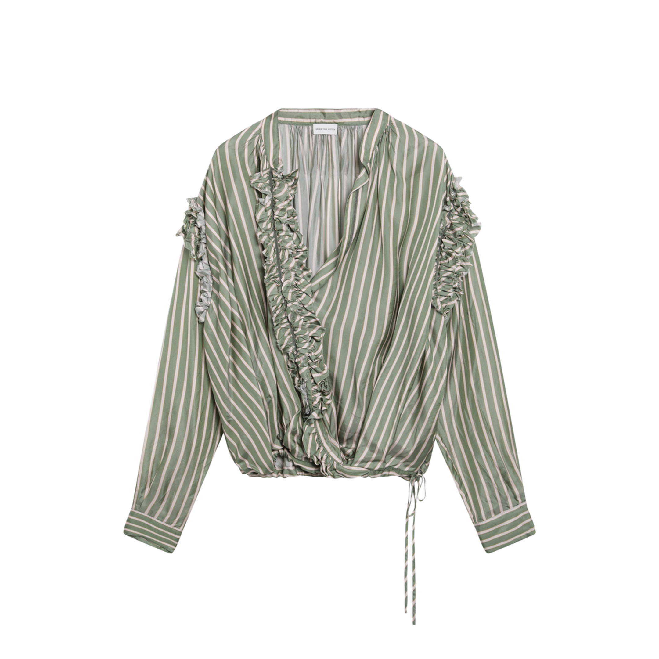 MAYFEYR - Dries Van Noten - Green Striped Wrap Shirt In Cupro - 107453274604