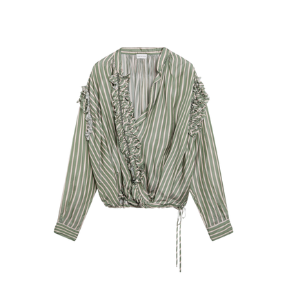 MAYFEYR - Dries Van Noten - Green Striped Wrap Shirt In Cupro - 107453274604