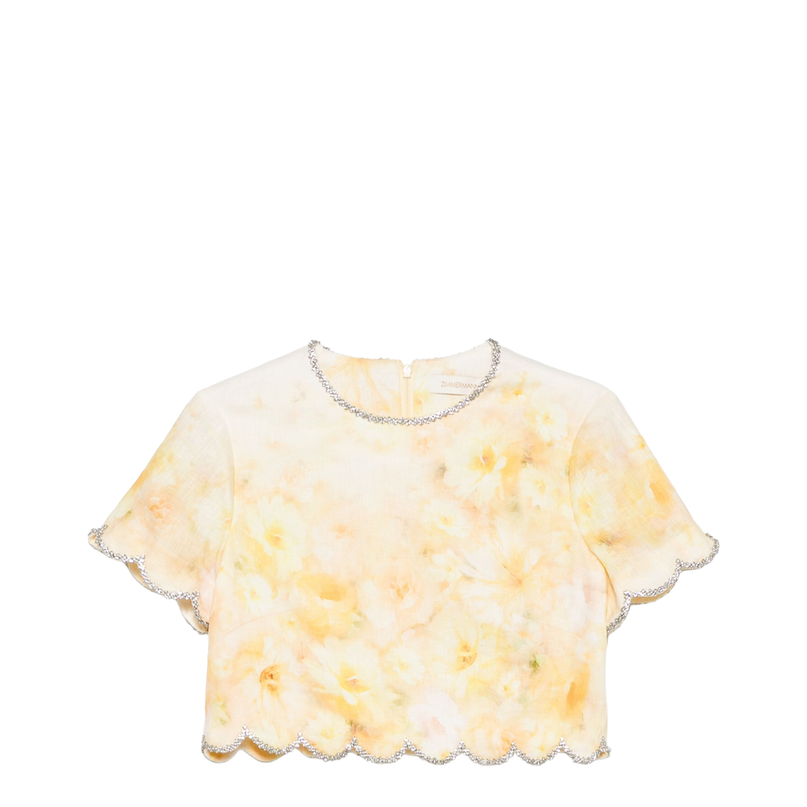 Short Top In Yellow Linen With Floral Print