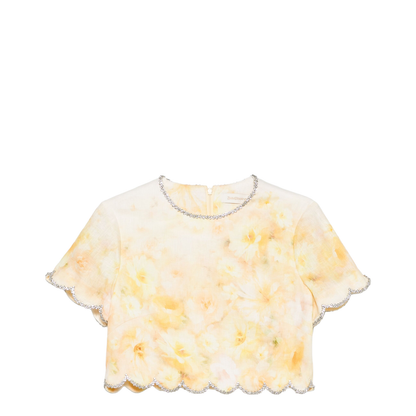Short Top In Yellow Linen With Floral Print