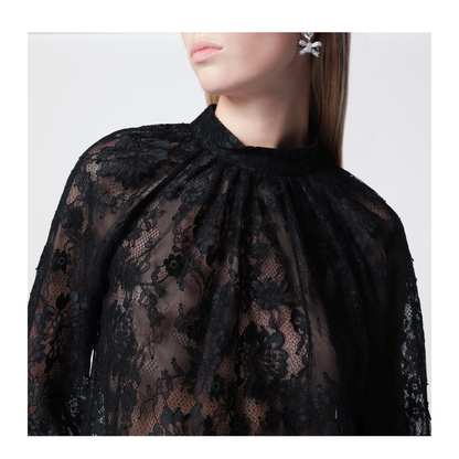MAYFEYR - Self Portrait - High Neck Lace Blouse Long Sleeves Black - PF26-032TAPLB