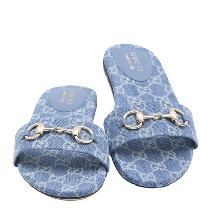 Slide Sandal with Horsebit in Blue GG Denim