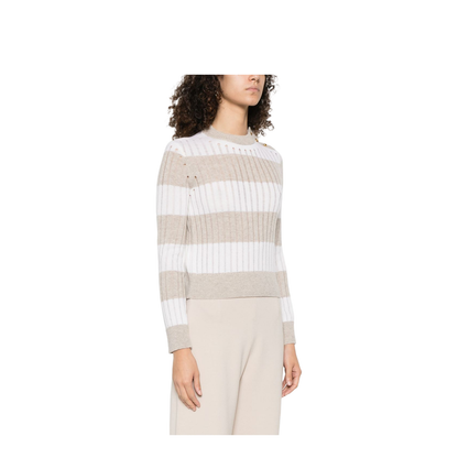 Beige Horizontal Stripe Pattern Crew Neck Long Sleeves Sweater