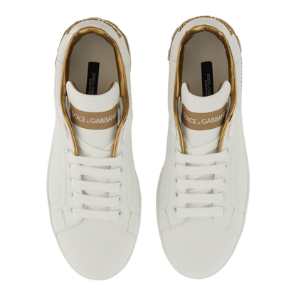 White Calfskin Low-Top Sneakers with Gold Details