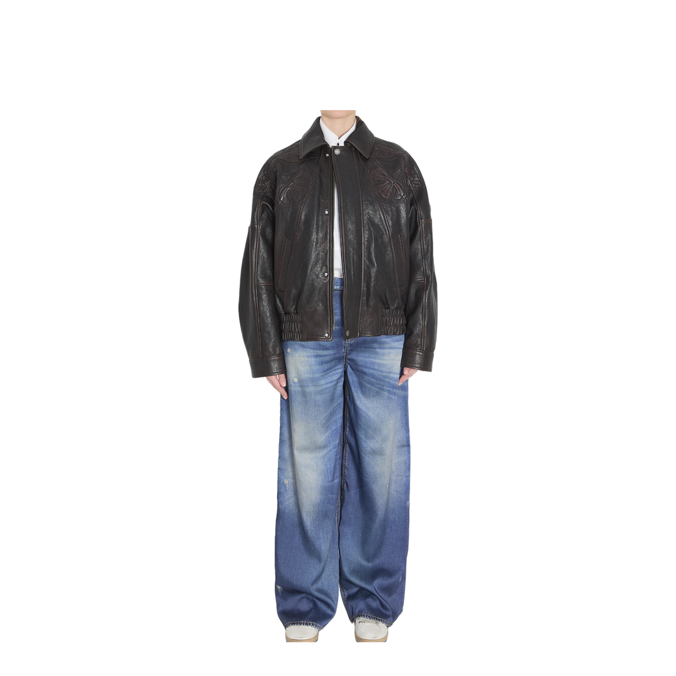 Leather Bomber Jacket with Floral Embroidery